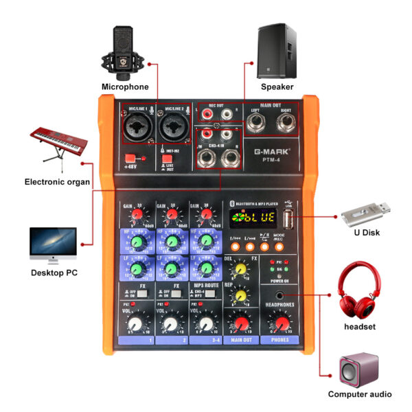 Audio Mixer G-MARK PTM-4 Bluetooth Professional Portable DJ Console 48V Phantom Power USB Interface Mixing Boards For Studio Live Recording